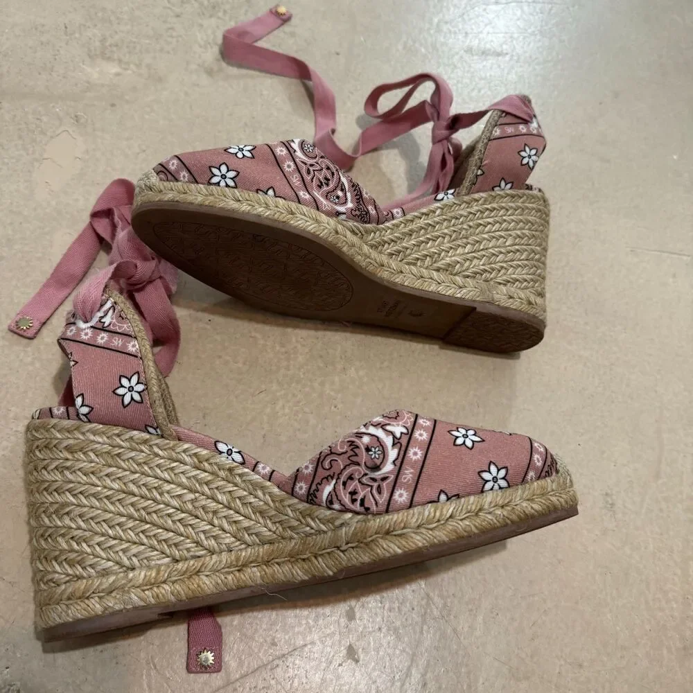 Stuart Weitzman Sandals Wedge Espadrille Bandana Print Pink Women sz 8.5